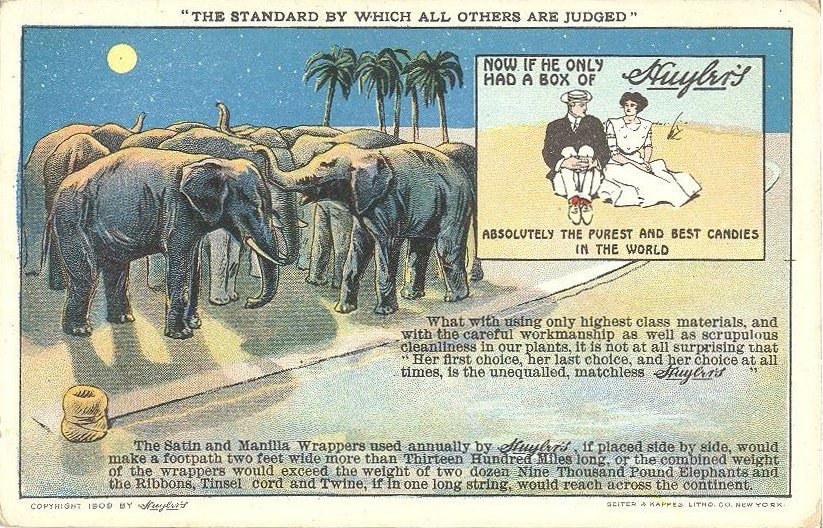 Huyler's 1909 advertising card featuring elephants